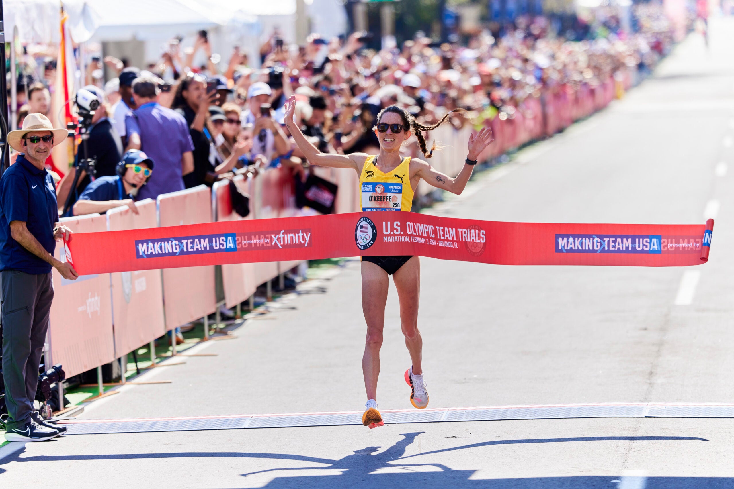 Fiona O'Keeffe breaks the tape at the U.S. Olympic Trials Marathon.