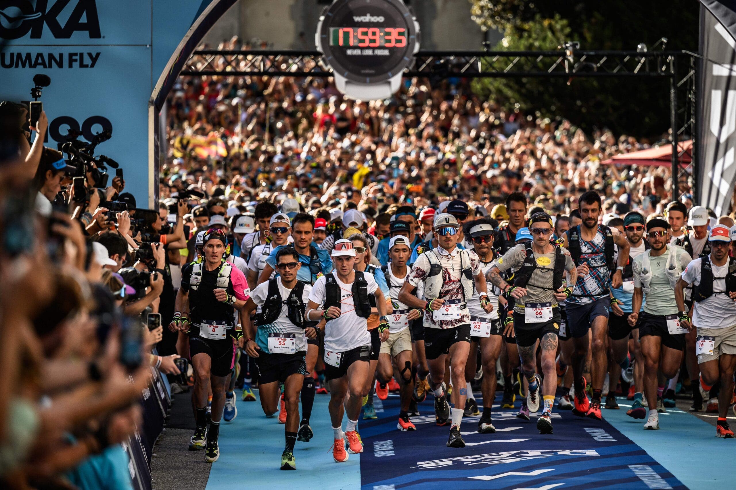 Mathieu Blanchard (C) and trailers take the start of the 20th edition of the Ultra Trail du Mont Blanc (UTMB) a 173km trail race crossing France, Italy and Switzerland in Chamonix, south-eastern France on September 1, 2023.