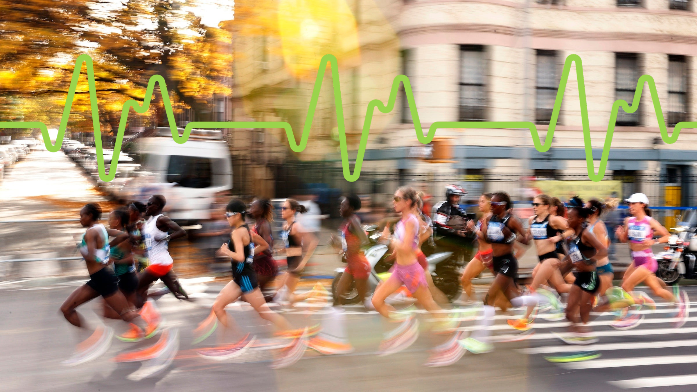 elite women running in New York City with effects so that their feet are blurred and a graph of an EKG overlay