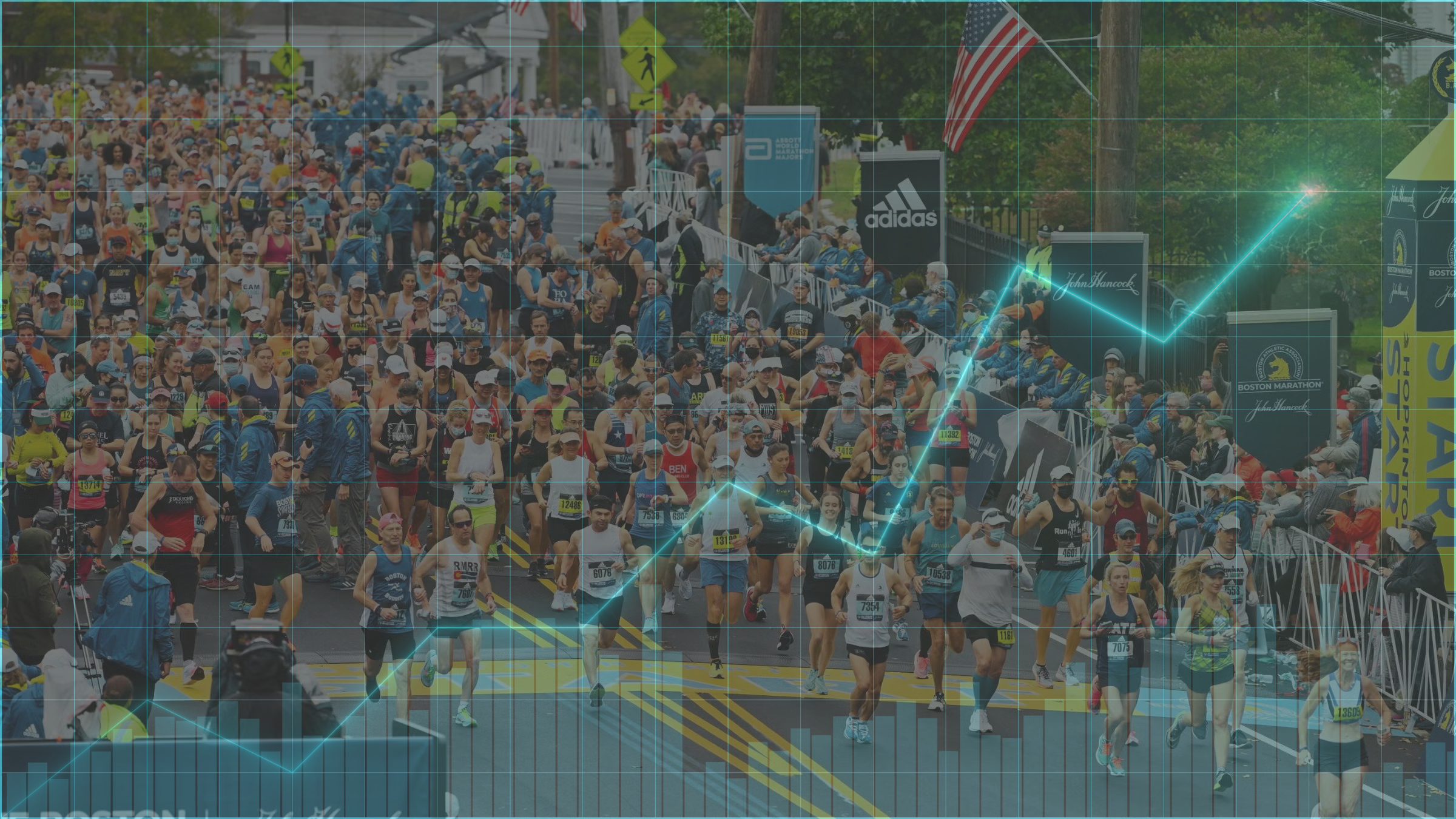 the start of the boston marathon with an overlay of a graph